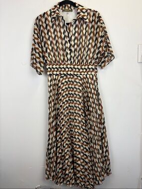 Melonie Pleated Midi Dress Geometric Print Smocked Waist Retro Size 6